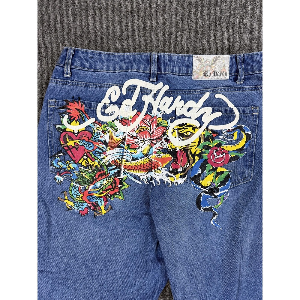 Ed Hardy Jeans Womens 34 Blue Tattoo Snake Skull Rose Baggy Denim Big Print - Picture 2 of 11